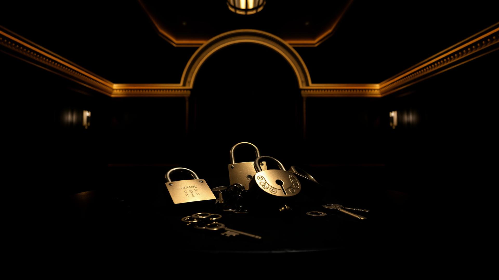 Antique padlocks and keys lit by warm gold light inside Mind Lock's lobby